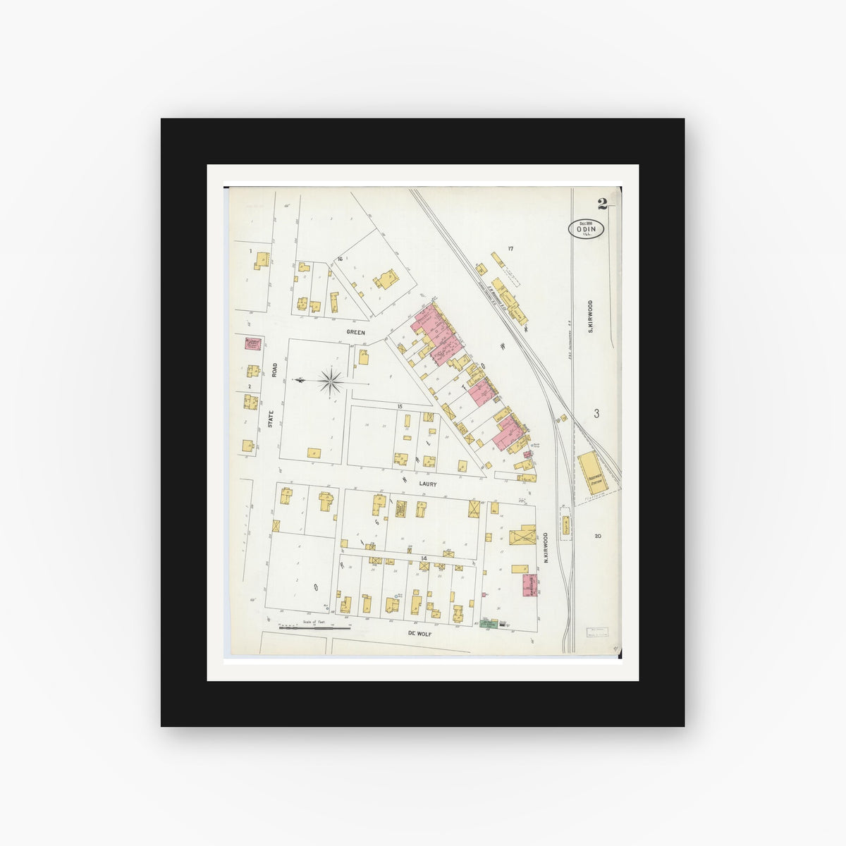 Old map wall art mockup — black gallery frame with white mat — Sanborn Fire Insurance Map from Odin, Marion County, Illinois (1899), Sheet #0002