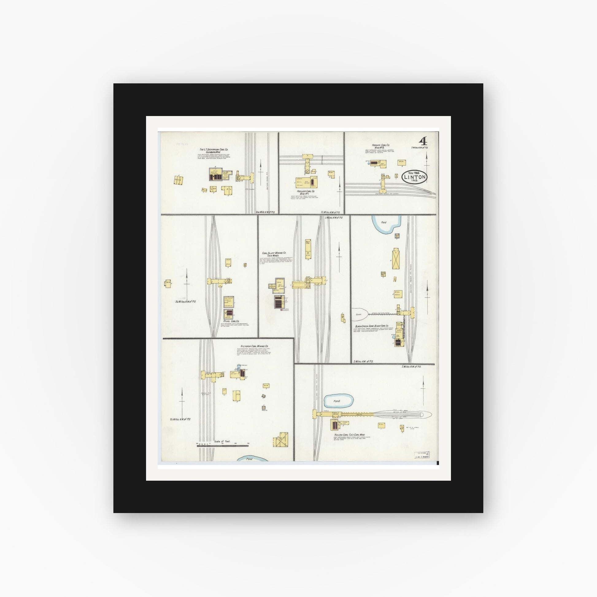 Old map wall art mockup — black gallery frame with white mat — Sanborn Fire Insurance Map from Linton, Greene County, Indiana (1904), Sheet #0004