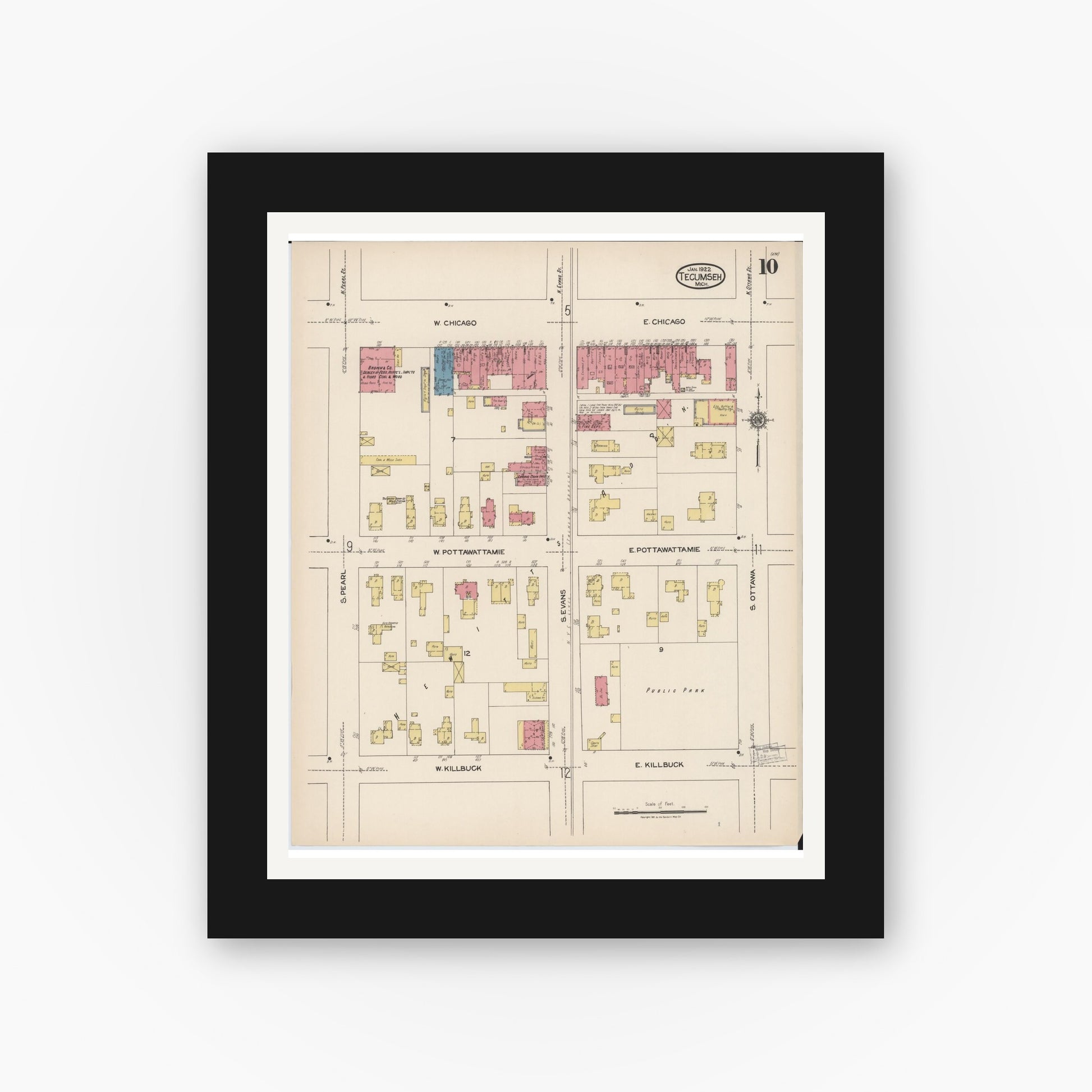 Old map wall art mockup — black gallery frame with white mat — Sanborn Fire Insurance Map from Tecumseh, Lenawee County, Michigan (1922), Sheet #0010