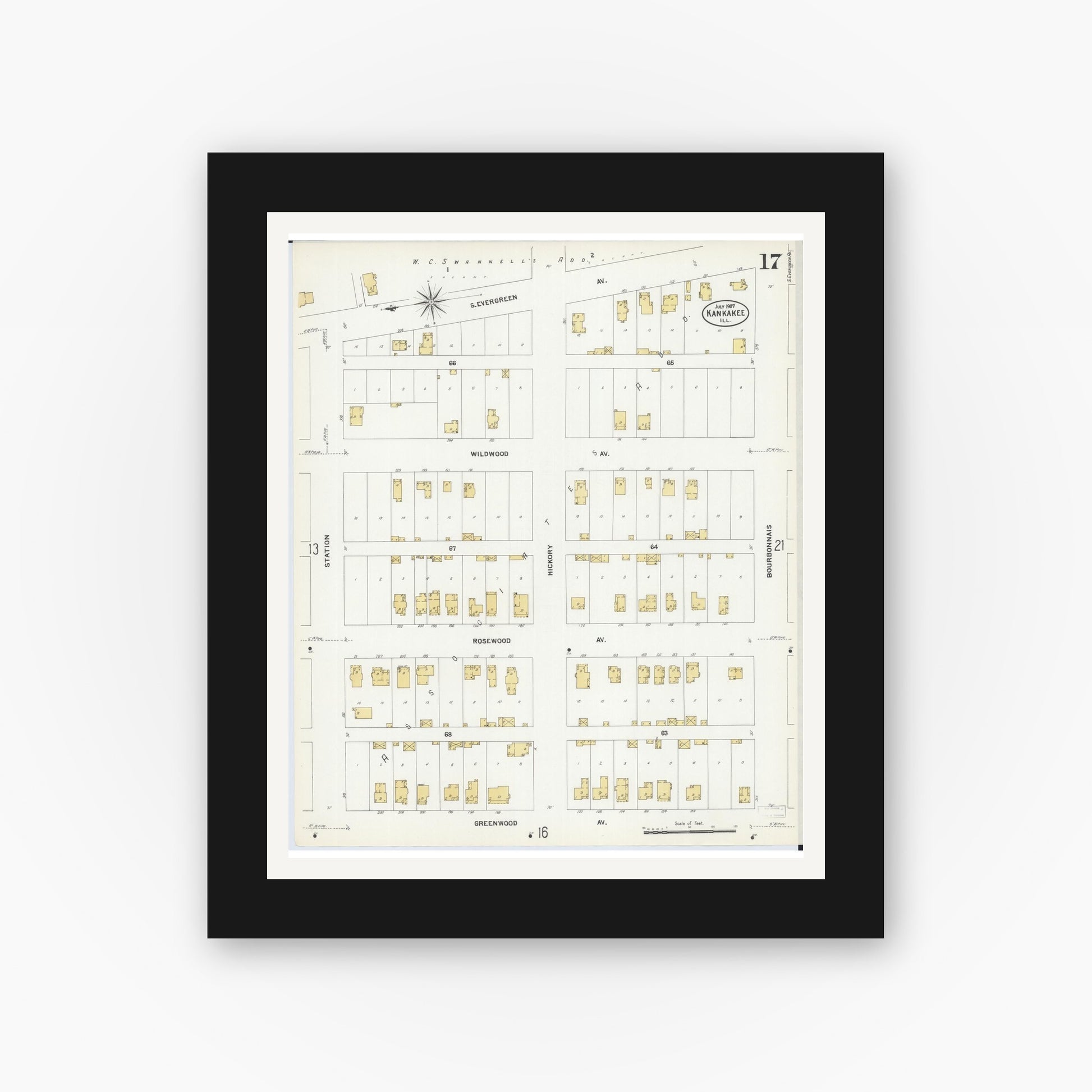 Old map wall art mockup — black gallery frame with white mat — Sanborn Fire Insurance Map from Kankakee, Kankakee County, Illinois (1907), Sheet #0017