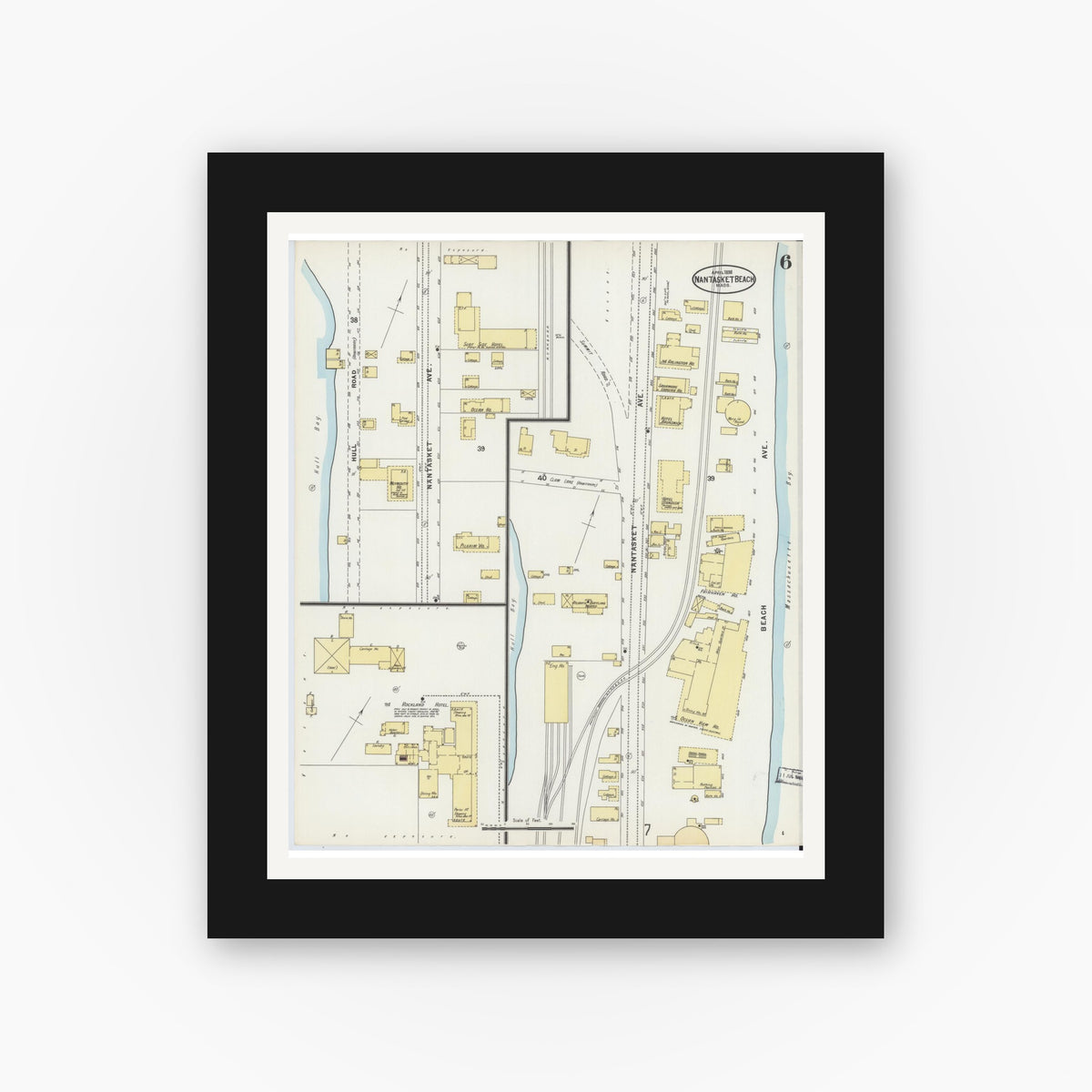 Old map wall art mockup — black gallery frame with white mat — Sanborn Fire Insurance Map from Nantasket Beach, Plymouth County, Massachusetts (1898), Sheet #0006