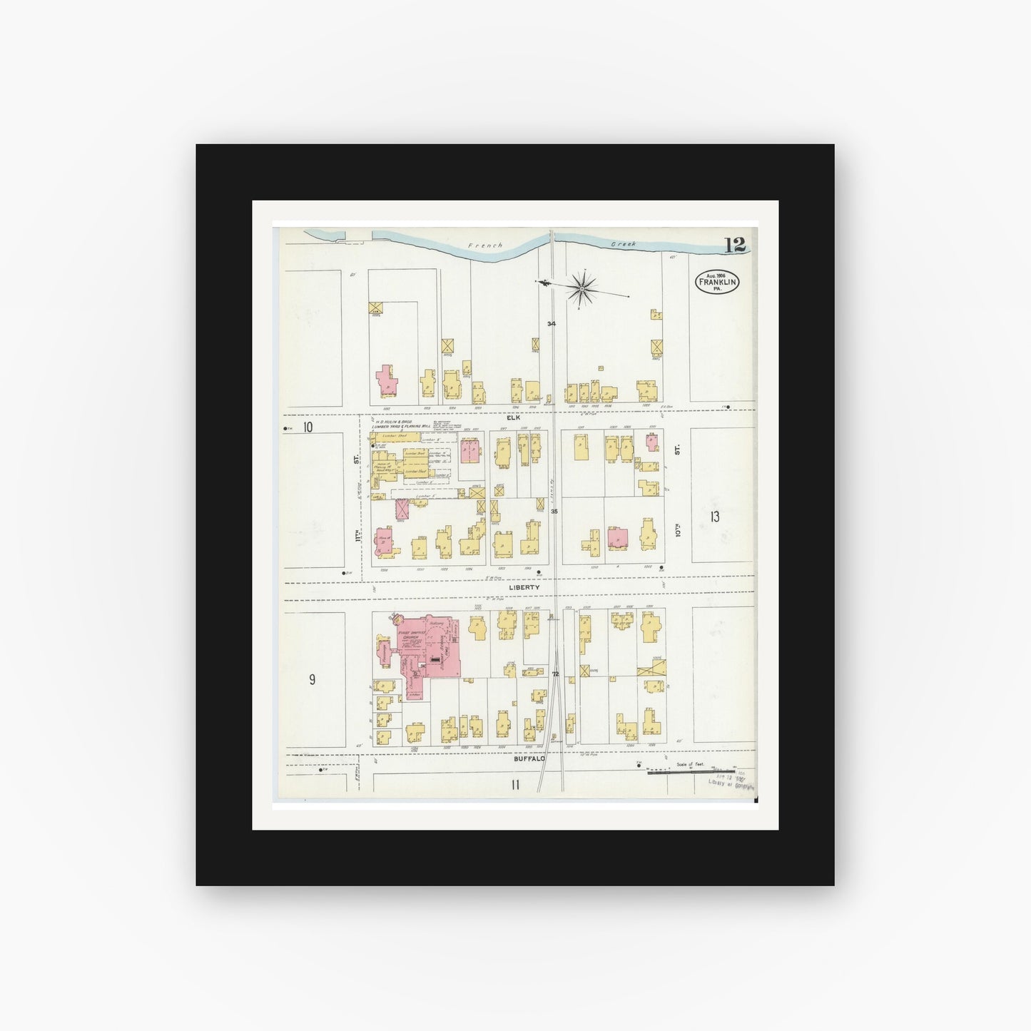Old map wall art mockup — black gallery frame with white mat — Sanborn Fire Insurance Map from Franklin, Venango County, Pennsylvania (1906), Sheet #0012