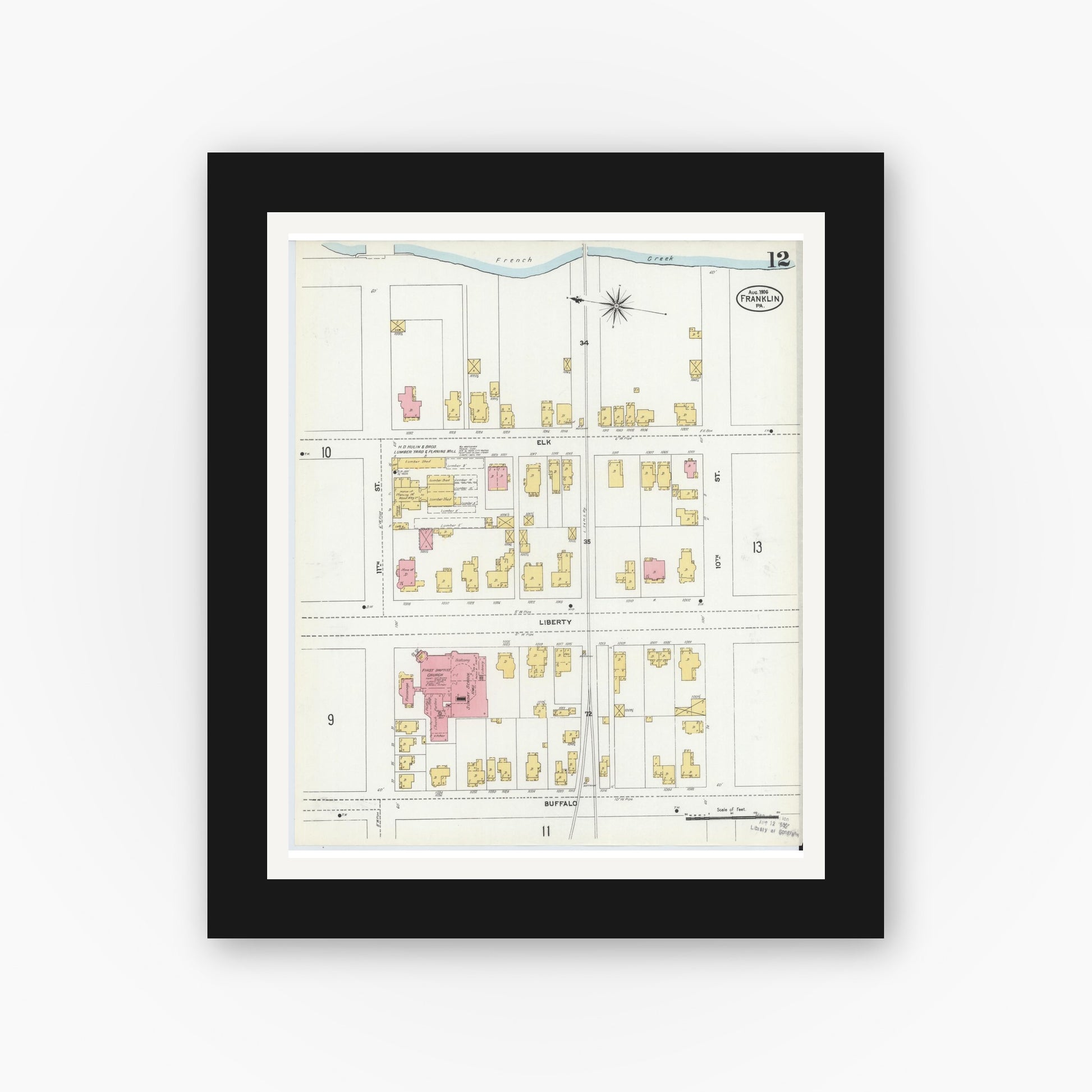 Old map wall art mockup — black gallery frame with white mat — Sanborn Fire Insurance Map from Franklin, Venango County, Pennsylvania (1906), Sheet #0012