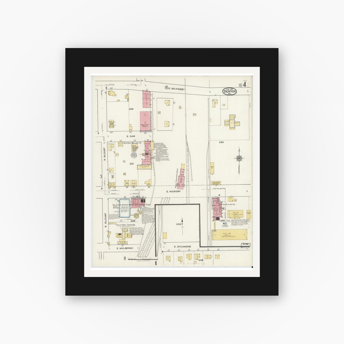 Old map wall art mockup — black gallery frame with white mat — Sanborn Fire Insurance Map from Denton, Denton County, Texas (1921), Sheet #0004