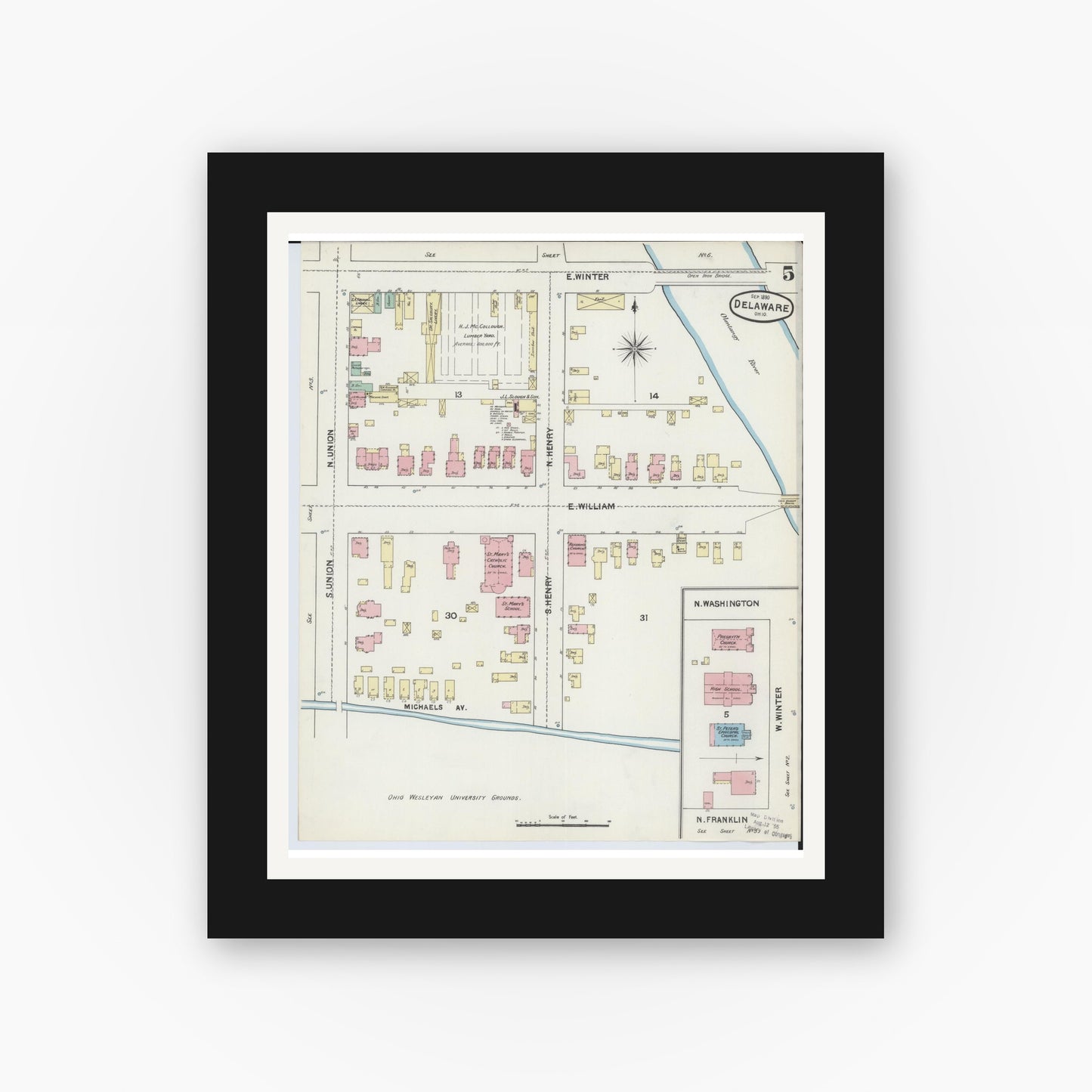 Old map wall art mockup — black gallery frame with white mat — Sanborn Fire Insurance Map from Delaware, Delaware County, Ohio (1890), Sheet #0005