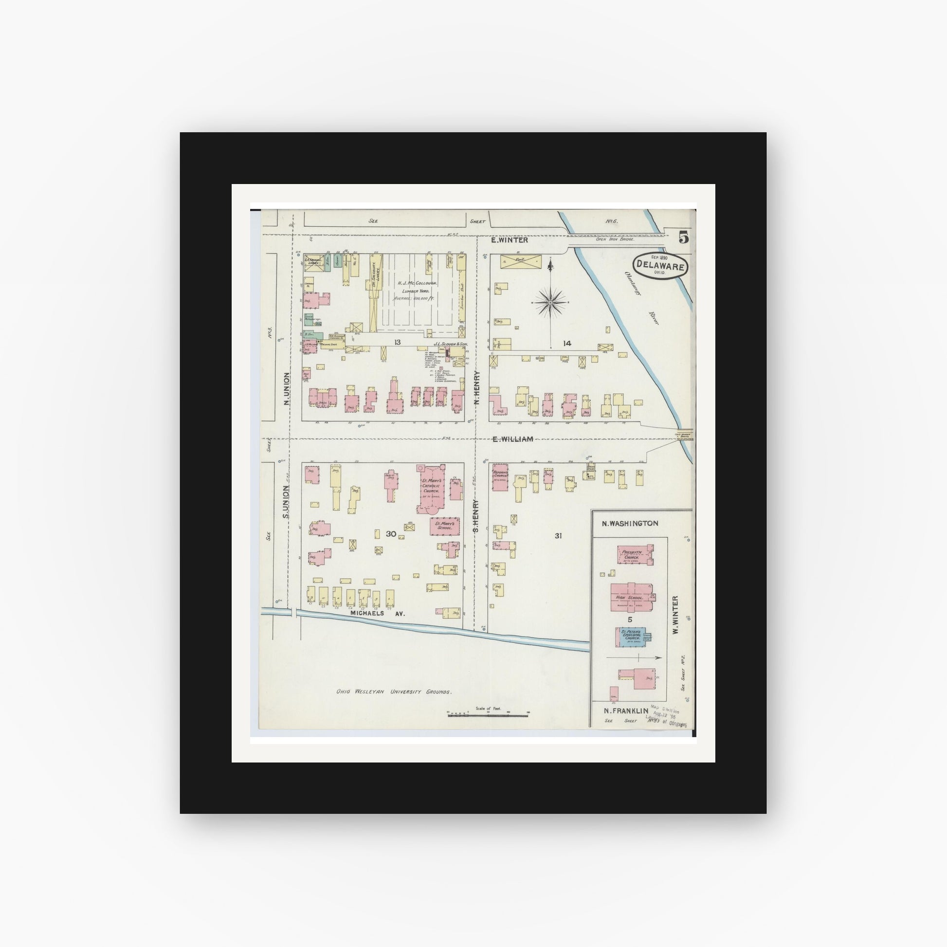 Old map wall art mockup — black gallery frame with white mat — Sanborn Fire Insurance Map from Delaware, Delaware County, Ohio (1890), Sheet #0005