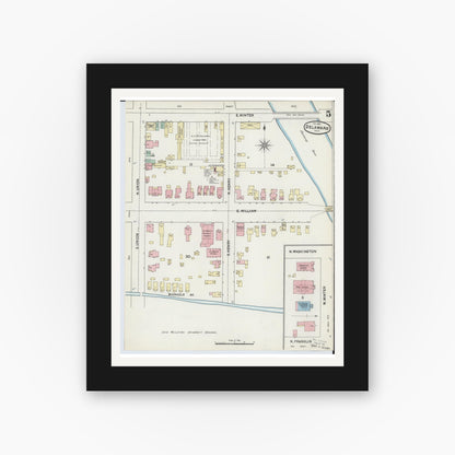 Old map wall art mockup — black gallery frame with white mat — Sanborn Fire Insurance Map from Delaware, Delaware County, Ohio (1890), Sheet #0005