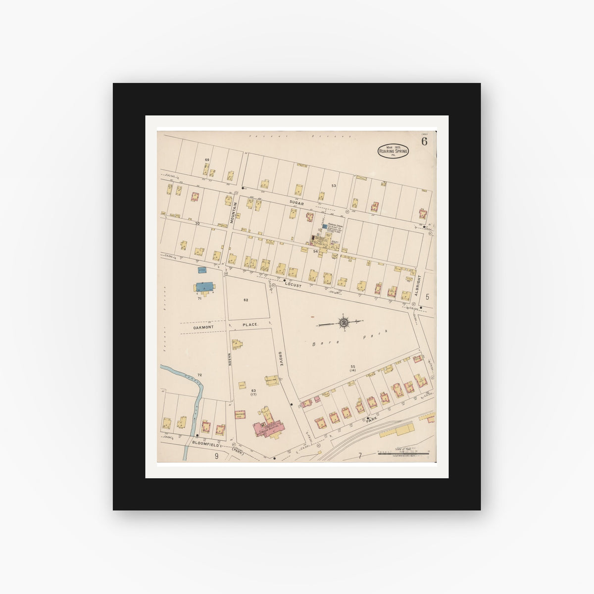 Old map wall art mockup — black gallery frame with white mat — Sanborn Fire Insurance Map from Roaring Spring, Blair County, Pennsylvania (1922), Sheet #0006