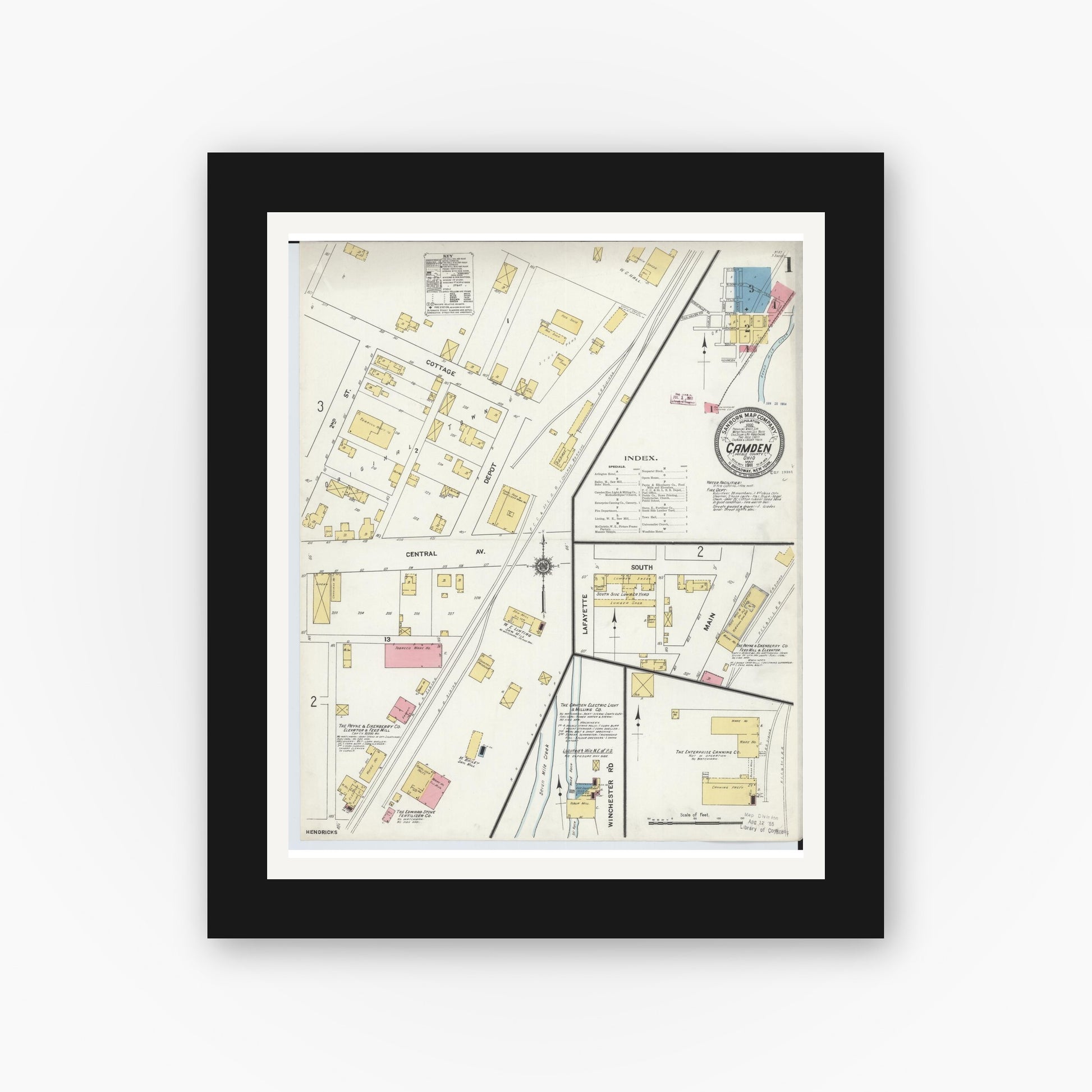 Old map wall art mockup — black gallery frame with white mat — Sanborn Fire Insurance Map from Camden, Preble County, Ohio (1911) - Complete Map Set