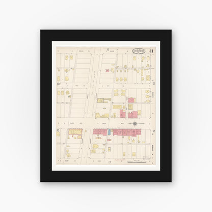 Old map wall art mockup — black gallery frame with white mat — Sanborn Fire Insurance Map from Huntington Park, Los Angeles County, California (1916), Sheet #0011