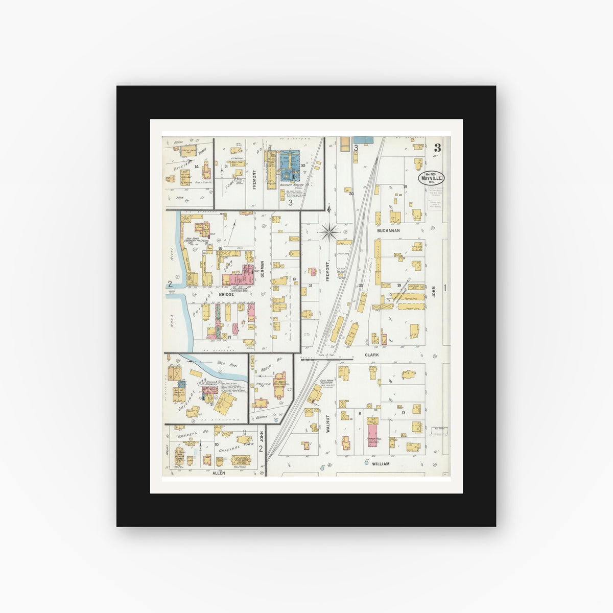 Old map wall art mockup — black gallery frame with white mat — Sanborn Fire Insurance Map from Mayville, Dodge County, Wisconsin (1900), Sheet #0003