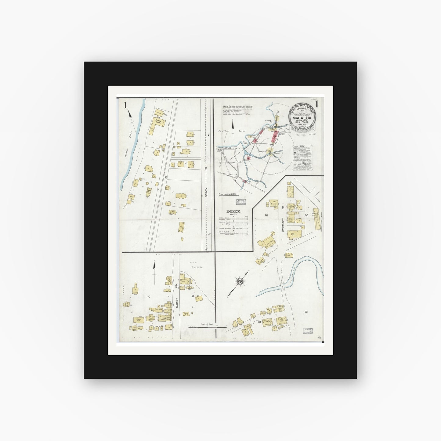 Old map wall art mockup — black gallery frame with white mat — Sanborn Fire Insurance Map from Waialua, Honolulu County, Hawaii (1927) - Complete Map Set