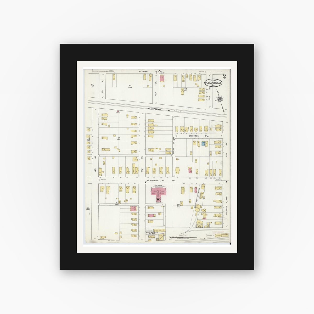 Old map wall art mockup — black gallery frame with white mat — Sanborn Fire Insurance Map from Pleasantville, Atlantic County, New Jersey (1917), Sheet #0002