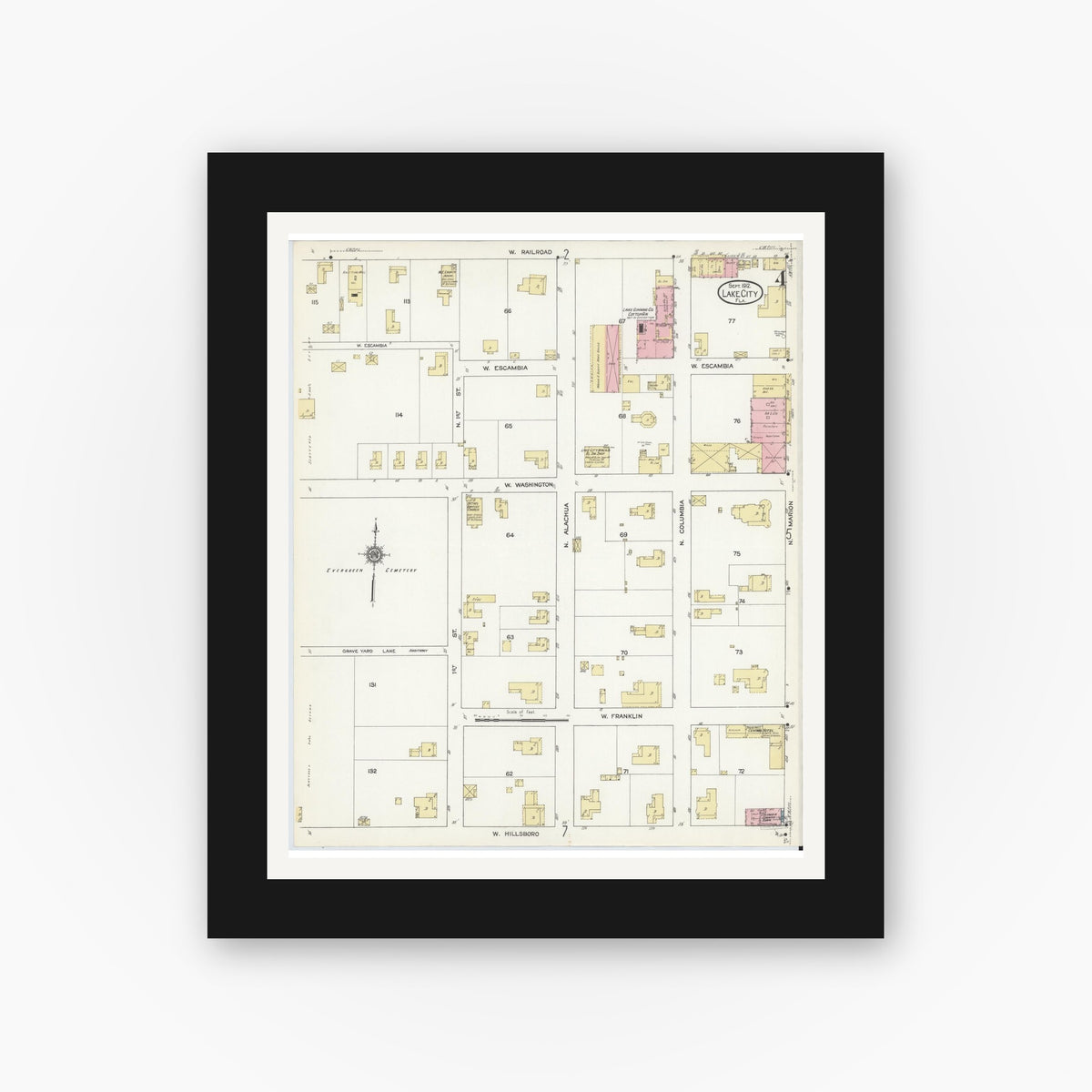 Old map wall art mockup — black gallery frame with white mat — Sanborn Fire Insurance Map from Lake City, Columbia County, Florida (1912), Sheet #0004