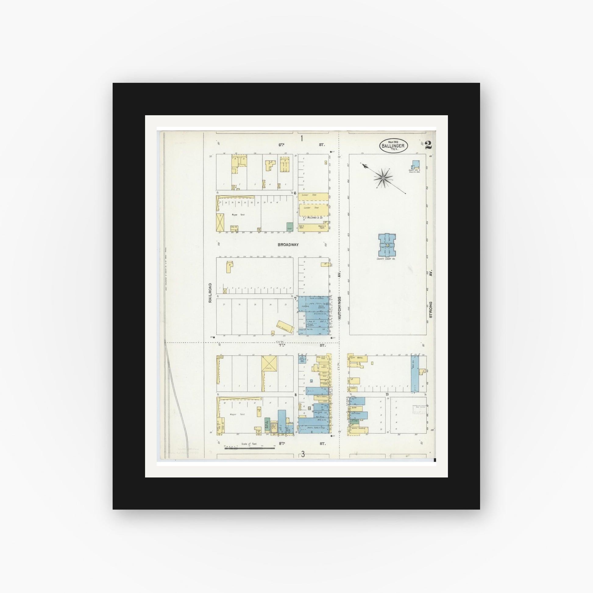 Old map wall art mockup — black gallery frame with white mat — Sanborn Fire Insurance Map from Ballinger, Runnels County, Texas (1902), Sheet #0002