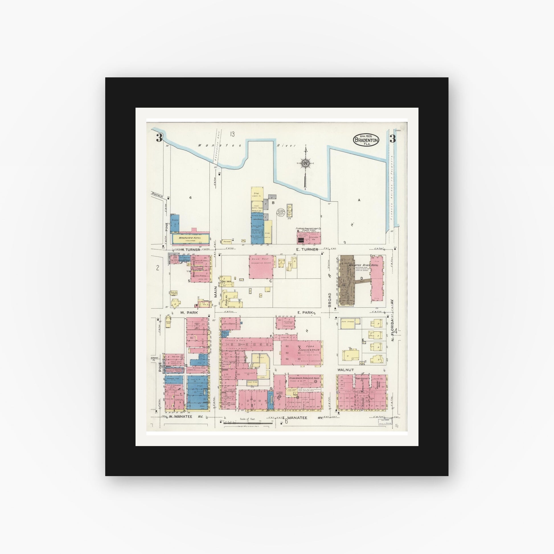 Old map wall art mockup — black gallery frame with white mat — Sanborn Fire Insurance Map from Bradentown, Manatee County, Florida (1926), Sheet #0003