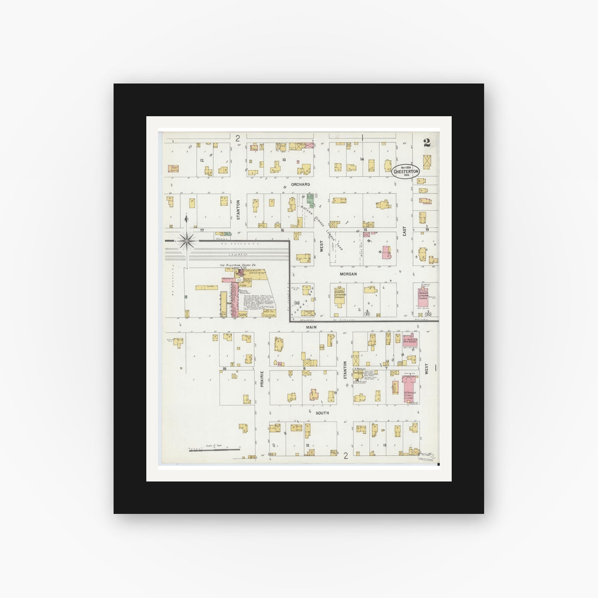 Old map wall art mockup — black gallery frame with white mat — Sanborn Fire Insurance Map from Chesterton, Porter County, Indiana (1899), Sheet #0002