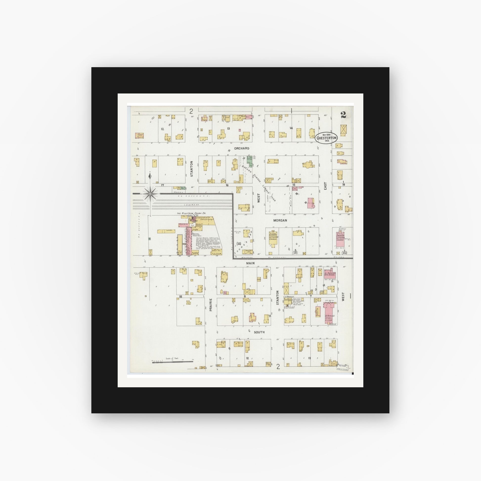 Old map wall art mockup — black gallery frame with white mat — Sanborn Fire Insurance Map from Chesterton, Porter County, Indiana (1899), Sheet #0002