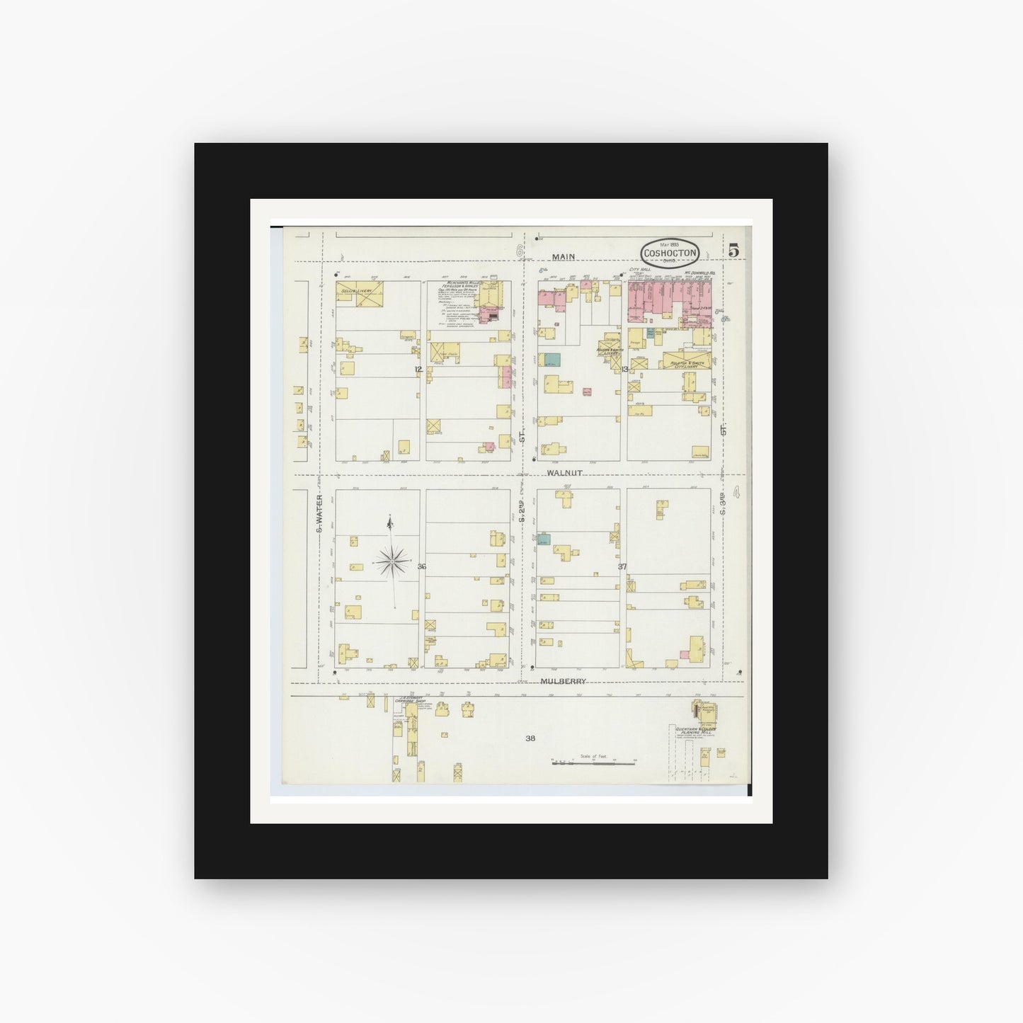 Old map wall art mockup — black gallery frame with white mat — Sanborn Fire Insurance Map from Coshocton, Coshocton County, Ohio (1893), Sheet #0005