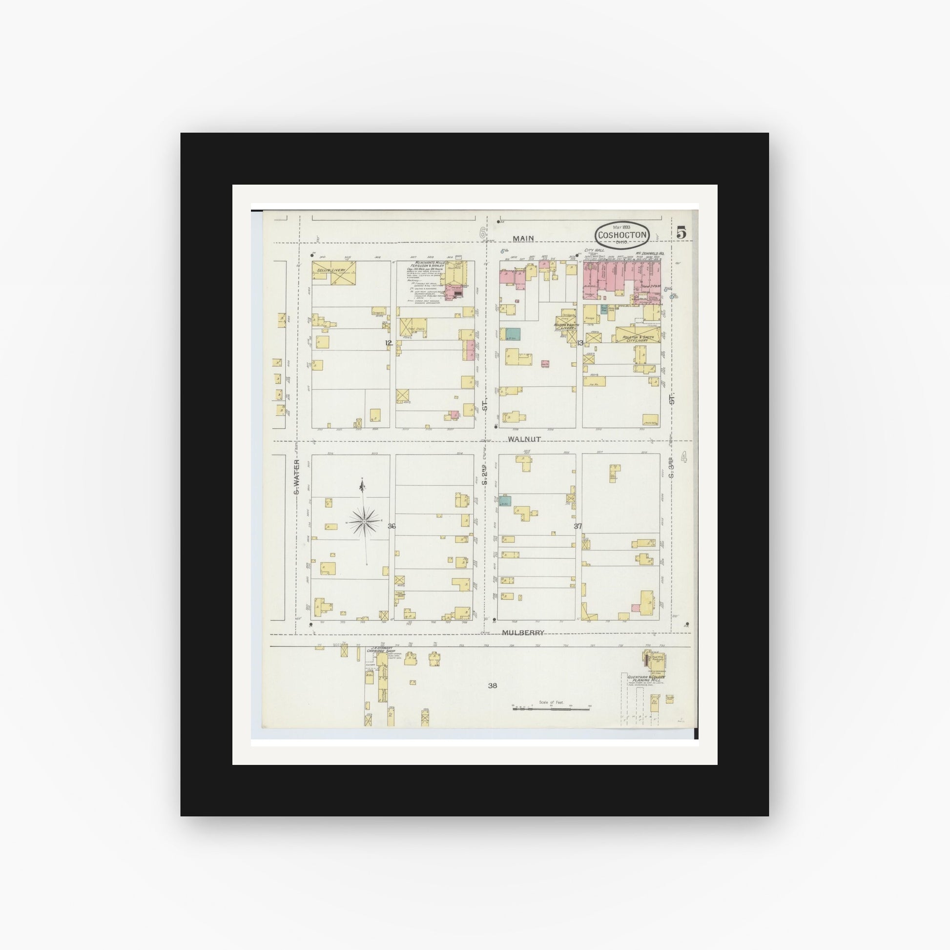 Old map wall art mockup — black gallery frame with white mat — Sanborn Fire Insurance Map from Coshocton, Coshocton County, Ohio (1893), Sheet #0005