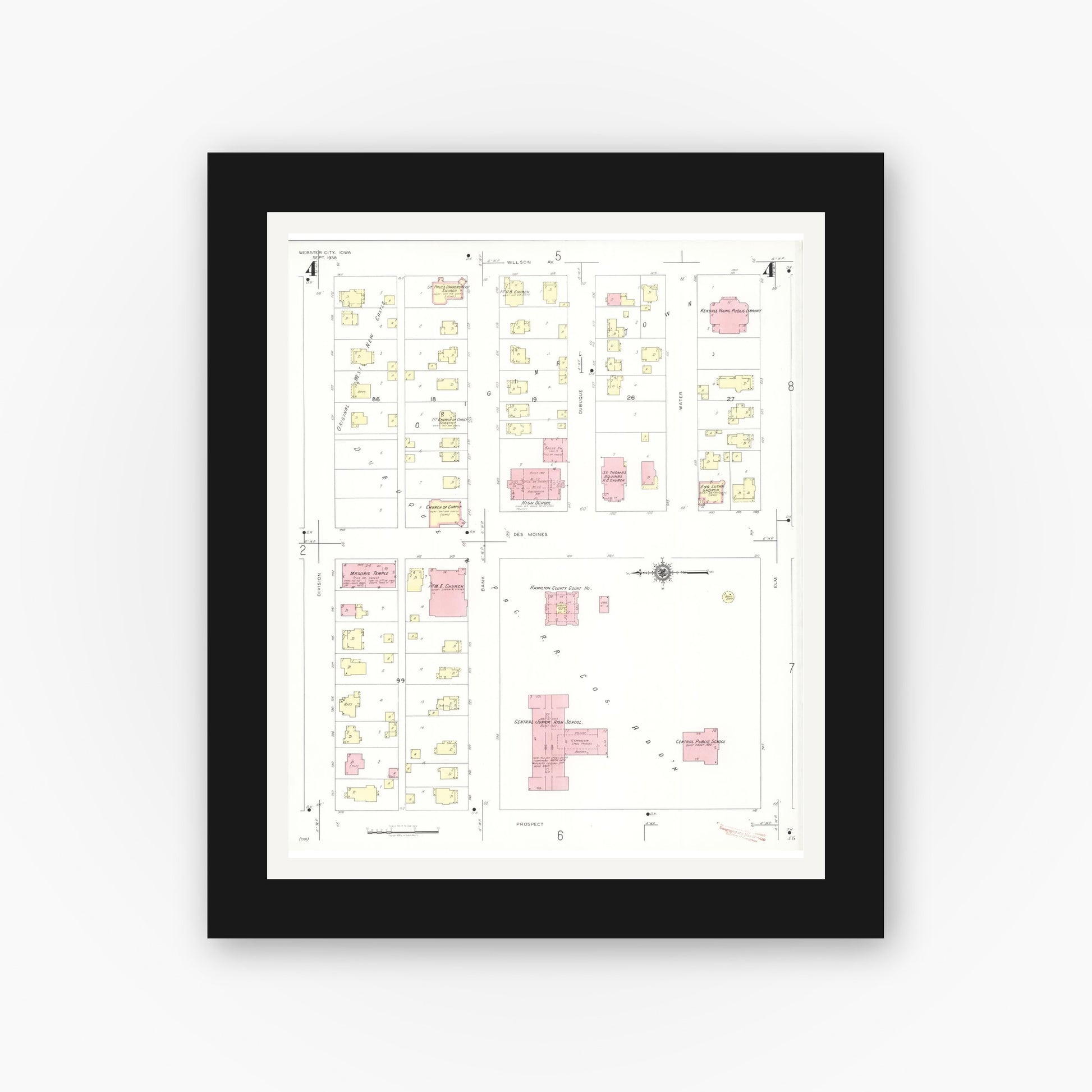 Old map wall art mockup — black gallery frame with white mat — Sanborn Fire Insurance Map from Webster City, Hamilton County, Iowa (1938), Sheet #0004