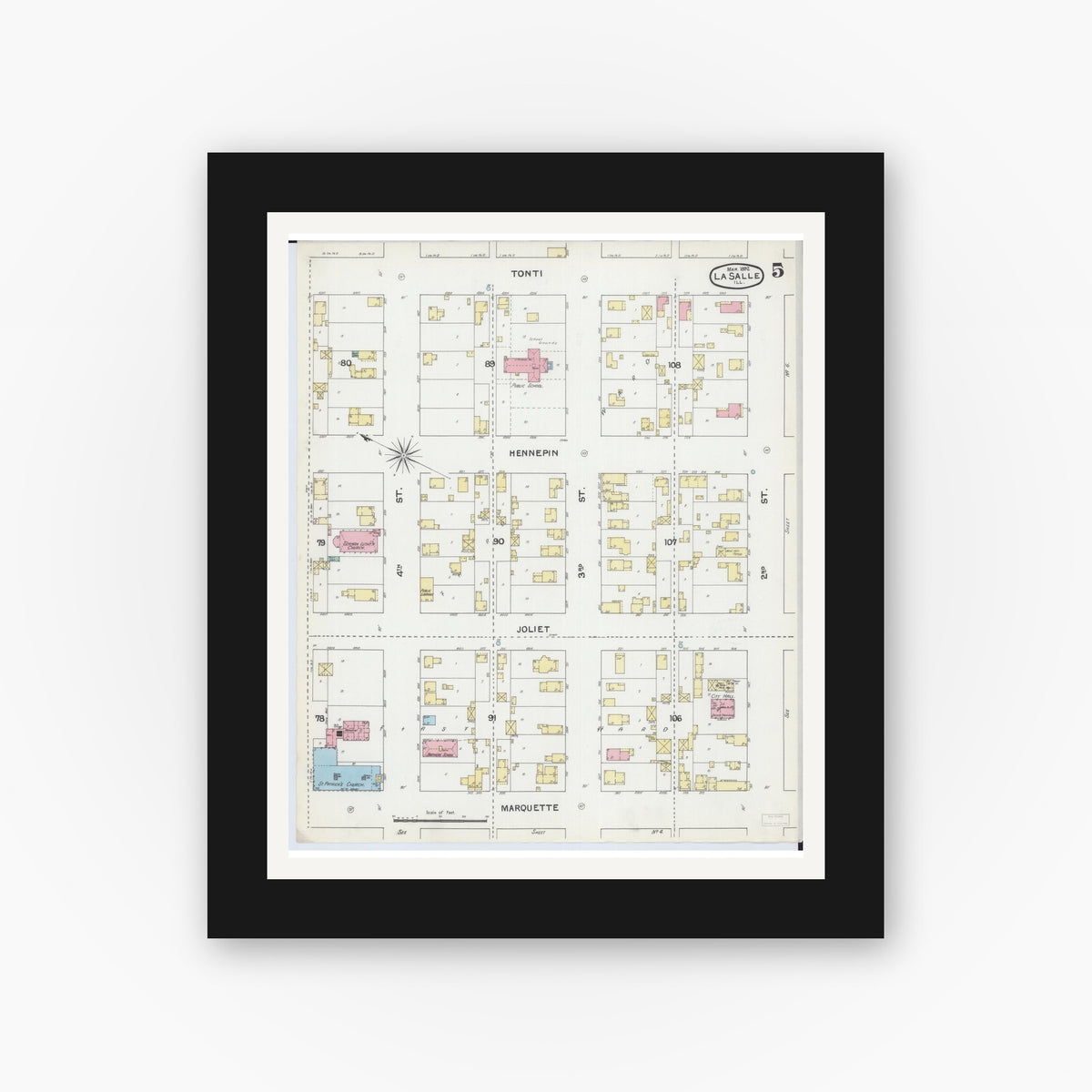 Old map wall art mockup — black gallery frame with white mat — Sanborn Fire Insurance Map from La Salle, La Salle County, Illinois (1892), Sheet #0005