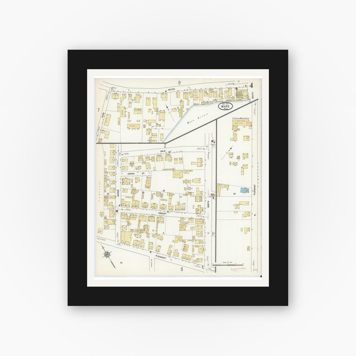Old map wall art mockup — black gallery frame with white mat — Sanborn Fire Insurance Map from Ware, Hampshire County, Massachusetts (1912), Sheet #0004