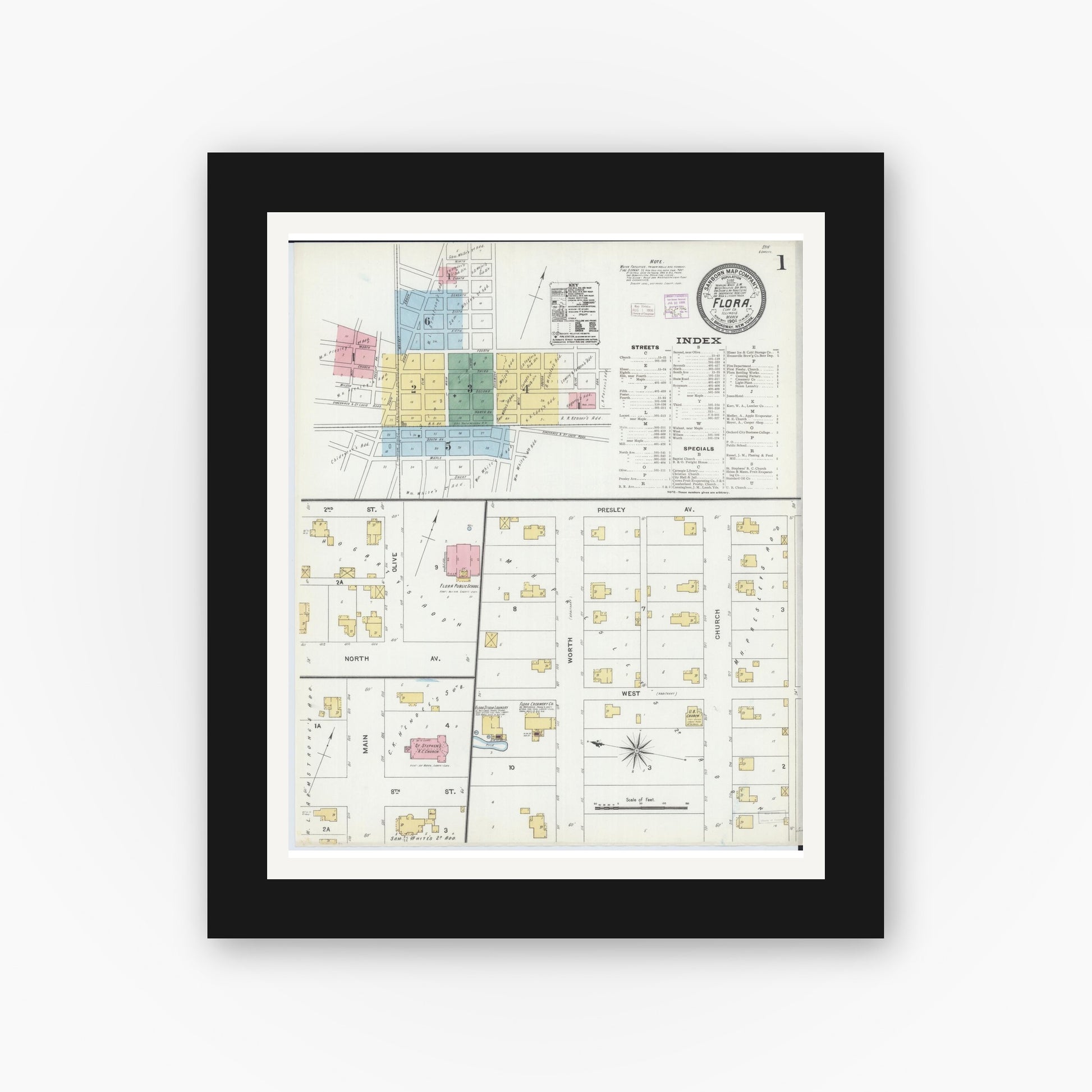 Old map wall art mockup — black gallery frame with white mat — Sanborn Fire Insurance Map from Flora, Clay County, Illinois (1906), Sheet #0001