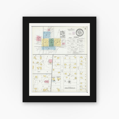 Old map wall art mockup — black gallery frame with white mat — Sanborn Fire Insurance Map from Flora, Clay County, Illinois (1906), Sheet #0001