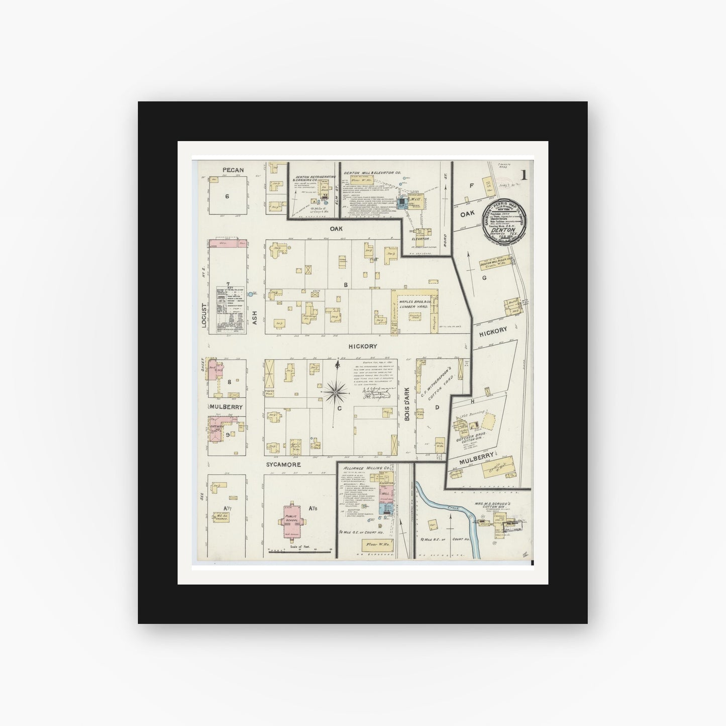 Old map wall art mockup — black gallery frame with white mat — Sanborn Fire Insurance Map from Denton, Denton County, Texas (1891) - Complete Map Set