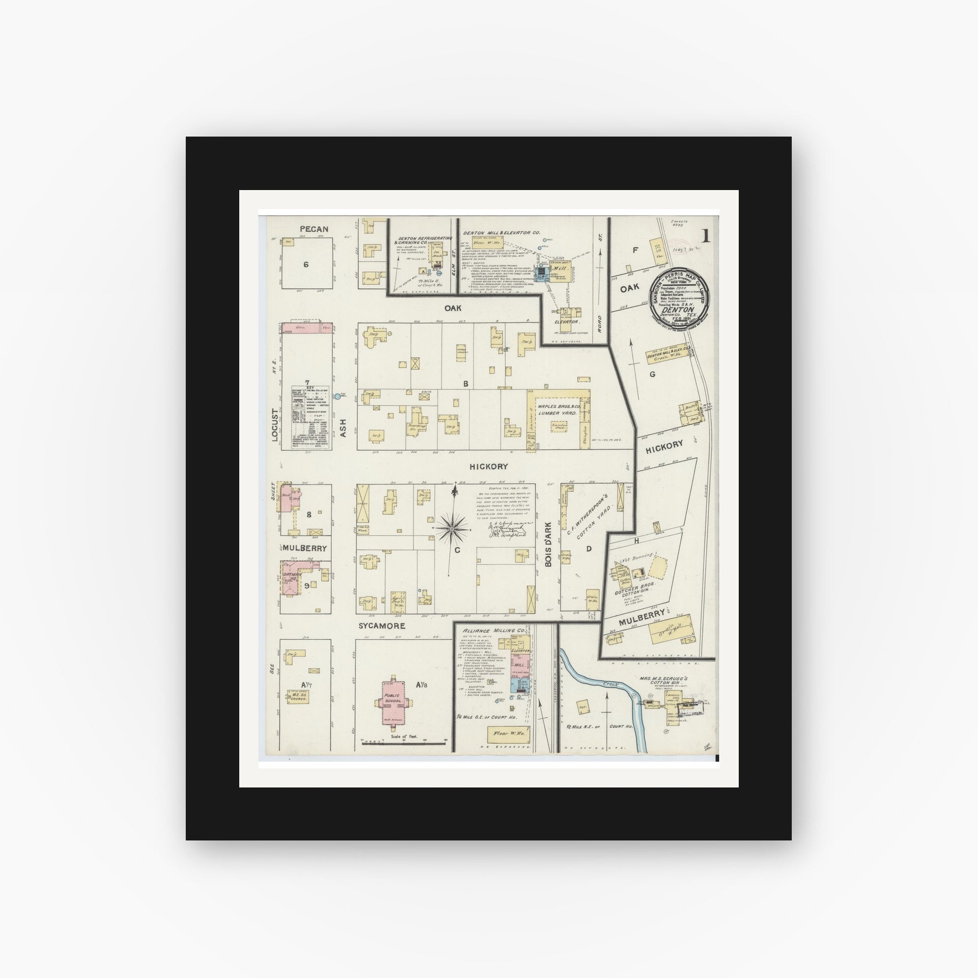 Old map wall art mockup — black gallery frame with white mat — Sanborn Fire Insurance Map from Denton, Denton County, Texas (1891) - Complete Map Set