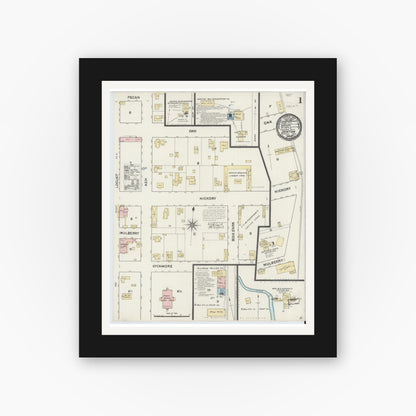 Old map wall art mockup — black gallery frame with white mat — Sanborn Fire Insurance Map from Denton, Denton County, Texas (1891) - Complete Map Set