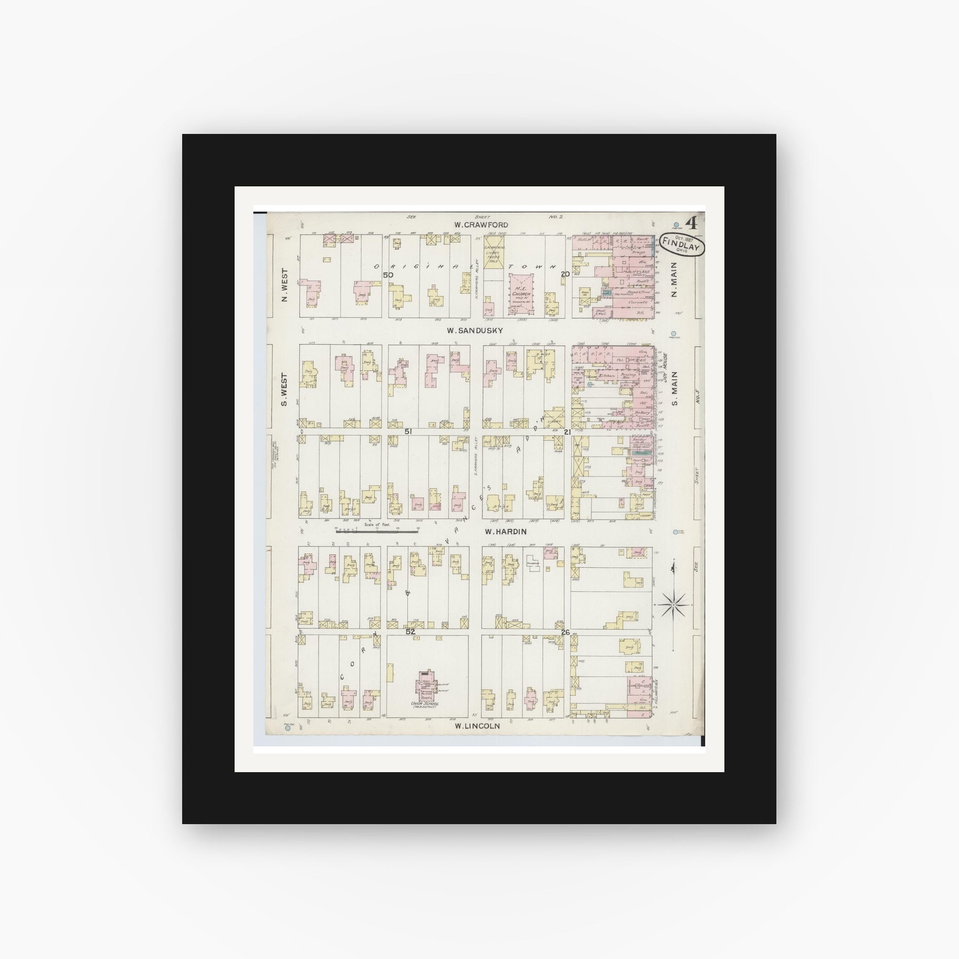 Old map wall art mockup — black gallery frame with white mat — Sanborn Fire Insurance Map from Findlay, Hancock County, Ohio (1887), Sheet #0004