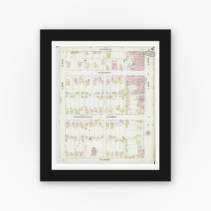 Old map wall art mockup — black gallery frame with white mat — Sanborn Fire Insurance Map from Findlay, Hancock County, Ohio (1887), Sheet #0004