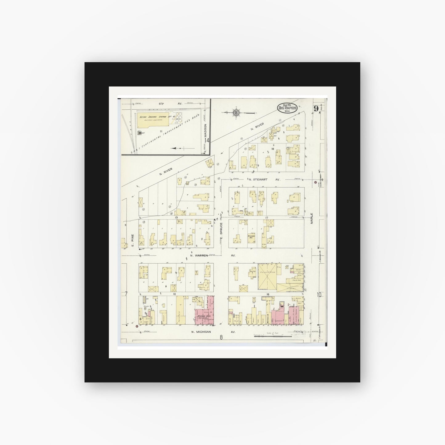 Old map wall art mockup — black gallery frame with white mat — Sanborn Fire Insurance Map from Big Rapids, Mecosta County, Michigan (1914), Sheet #0009