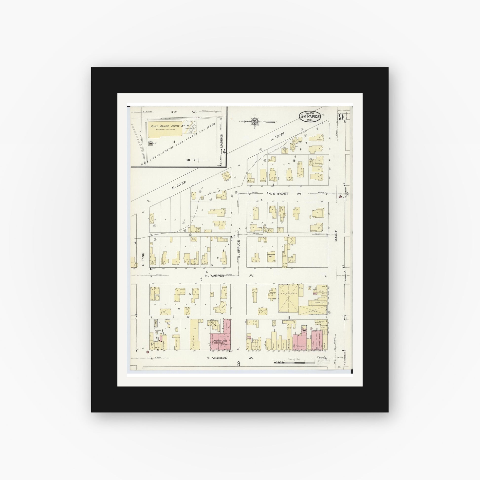 Old map wall art mockup — black gallery frame with white mat — Sanborn Fire Insurance Map from Big Rapids, Mecosta County, Michigan (1914), Sheet #0009