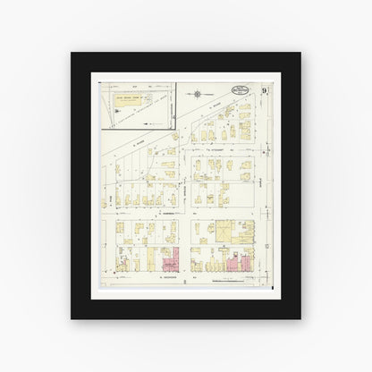 Old map wall art mockup — black gallery frame with white mat — Sanborn Fire Insurance Map from Big Rapids, Mecosta County, Michigan (1914), Sheet #0009