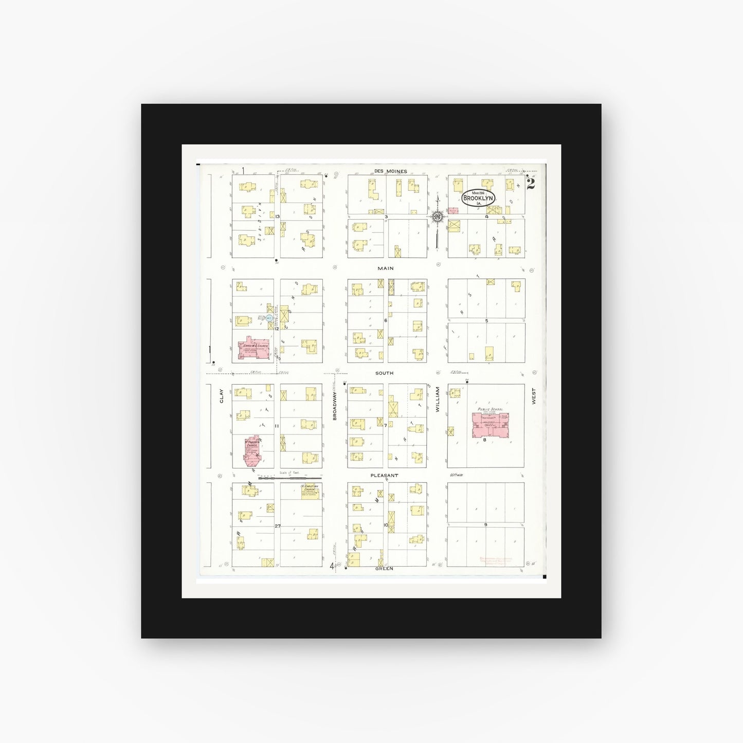 Old map wall art mockup — black gallery frame with white mat — Sanborn Fire Insurance Map from Brooklyn, Poweshiek County, Iowa (1916), Sheet #0002