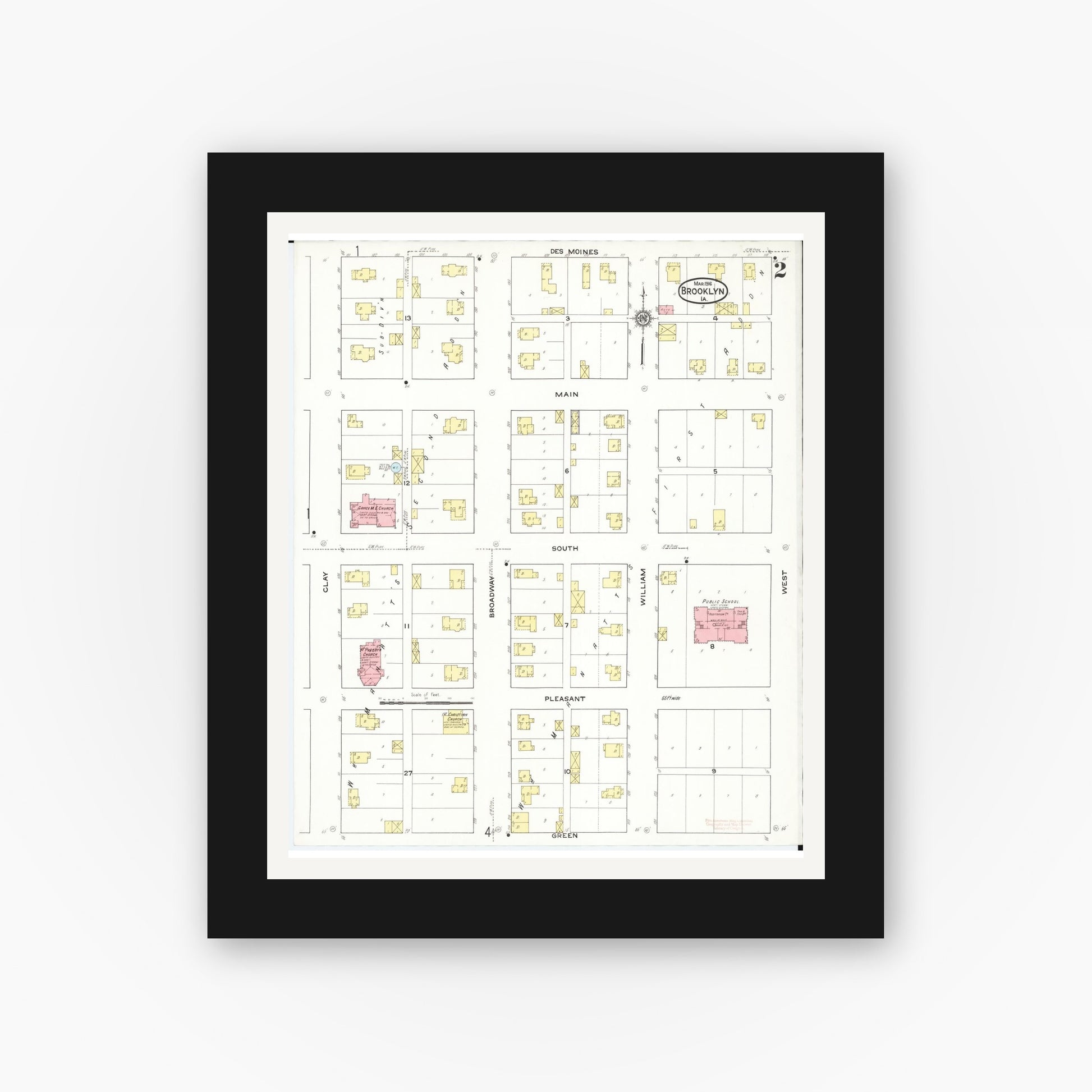 Old map wall art mockup — black gallery frame with white mat — Sanborn Fire Insurance Map from Brooklyn, Poweshiek County, Iowa (1916), Sheet #0002