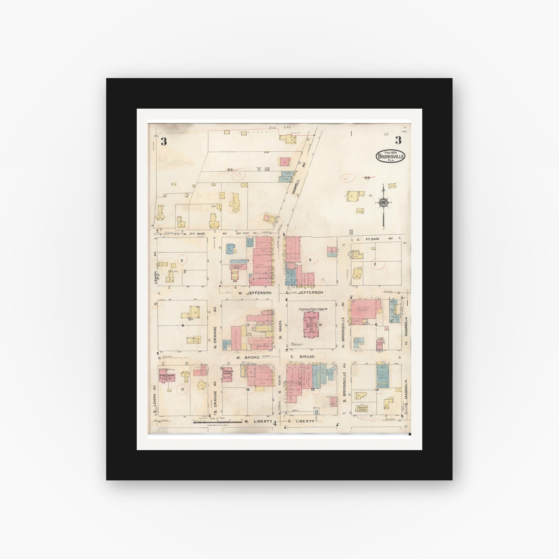Old map wall art mockup — black gallery frame with white mat — Sanborn Fire Insurance Map from Brooksville, Hernando County, Florida (1945), Sheet #0003
