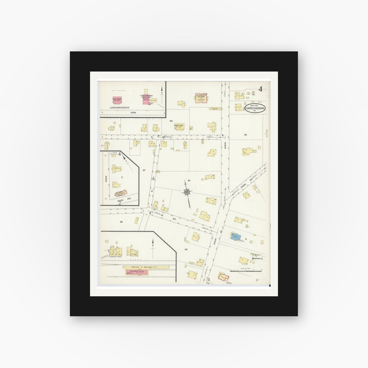 Old map wall art mockup — black gallery frame with white mat — Sanborn Fire Insurance Map from Christiansburg, Montgomery County, Virginia (1913), Sheet #0004