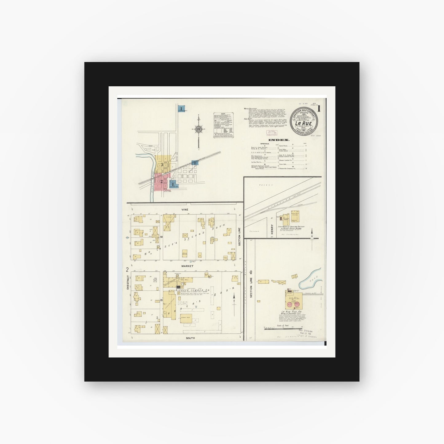 Old map wall art mockup — black gallery frame with white mat — Sanborn Fire Insurance Map from La Rue, Marion County, Ohio (1911) - Complete Map Set
