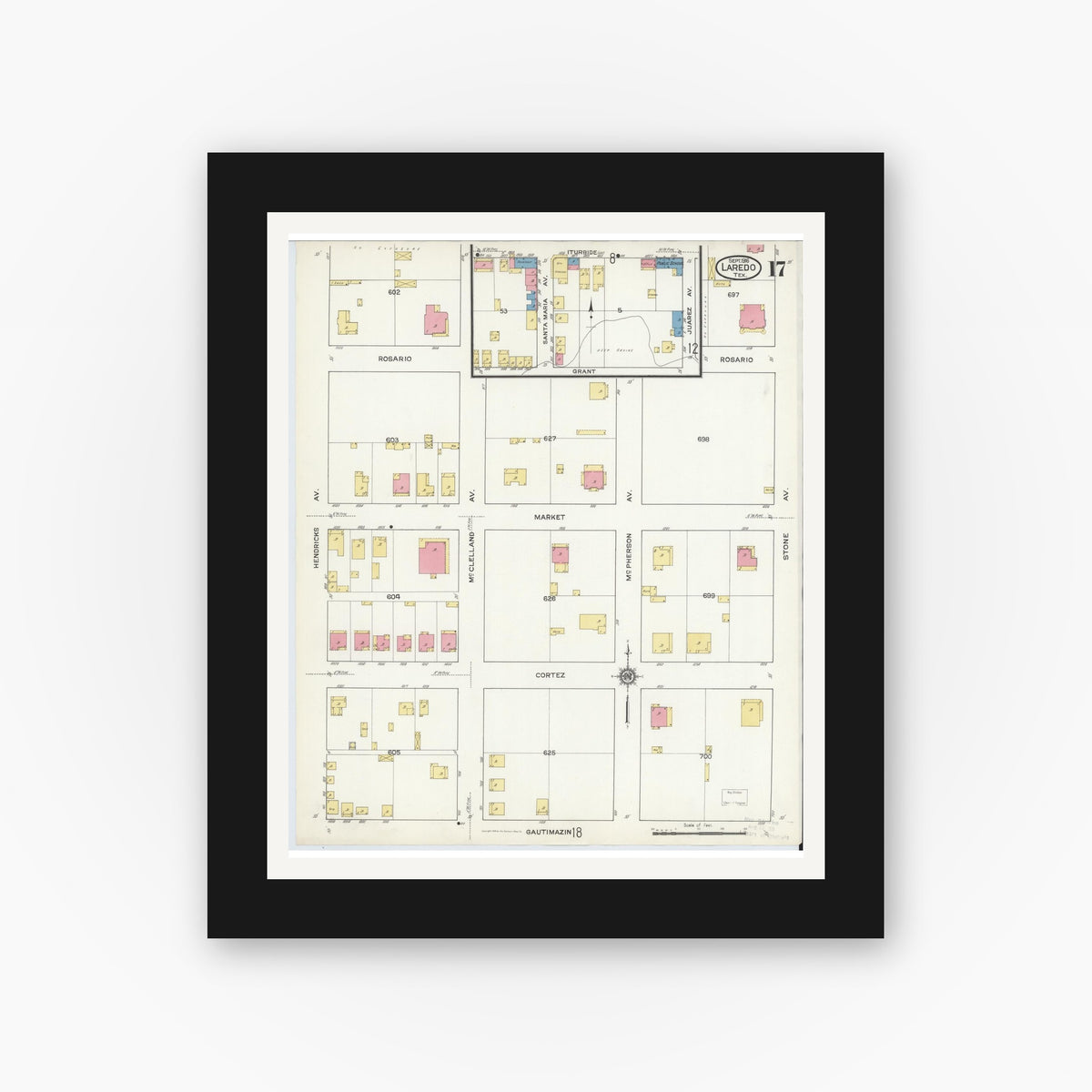 Old map wall art mockup — black gallery frame with white mat — Sanborn Fire Insurance Map from Laredo, Webb County, Texas (1916), Sheet #0017