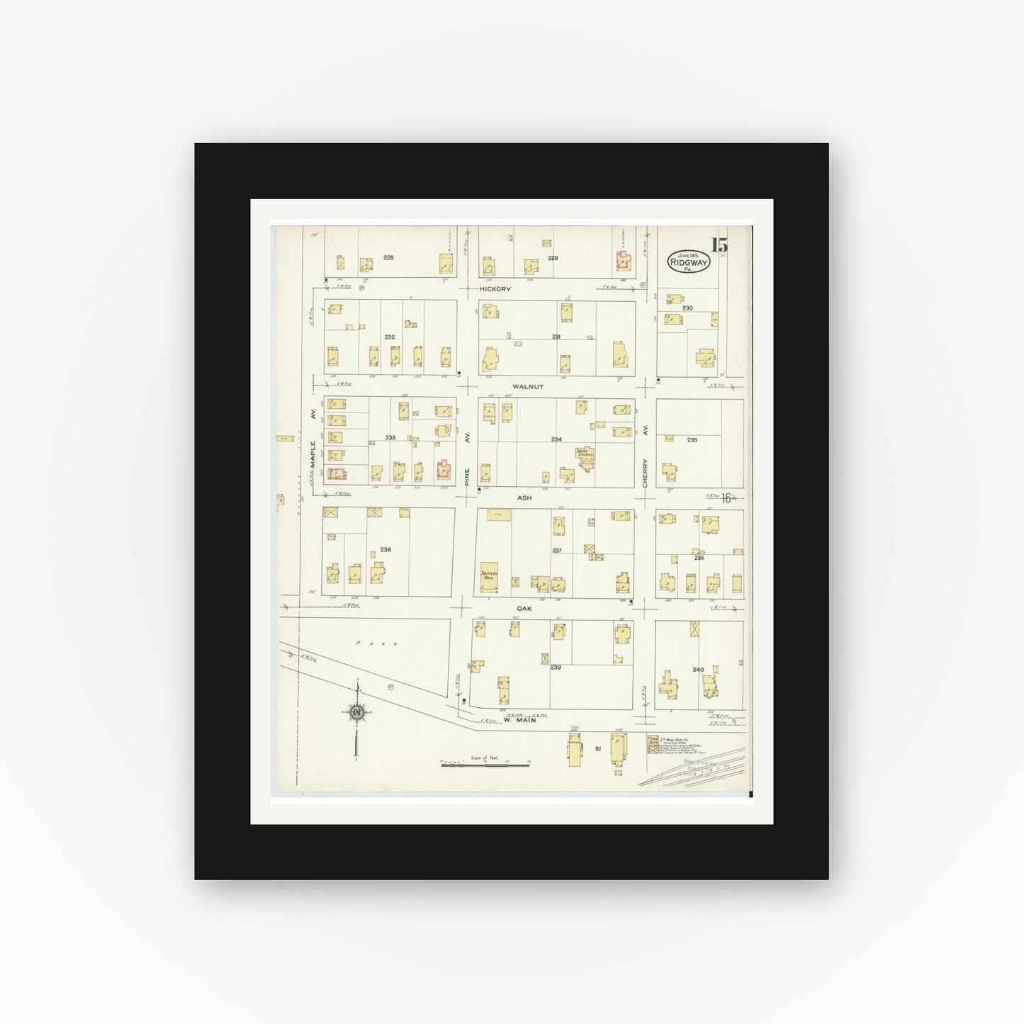 Old map wall art mockup — black gallery frame with white mat — Sanborn Fire Insurance Map from Ridgway, Elk County, Pennsylvania (1915), Sheet #0015