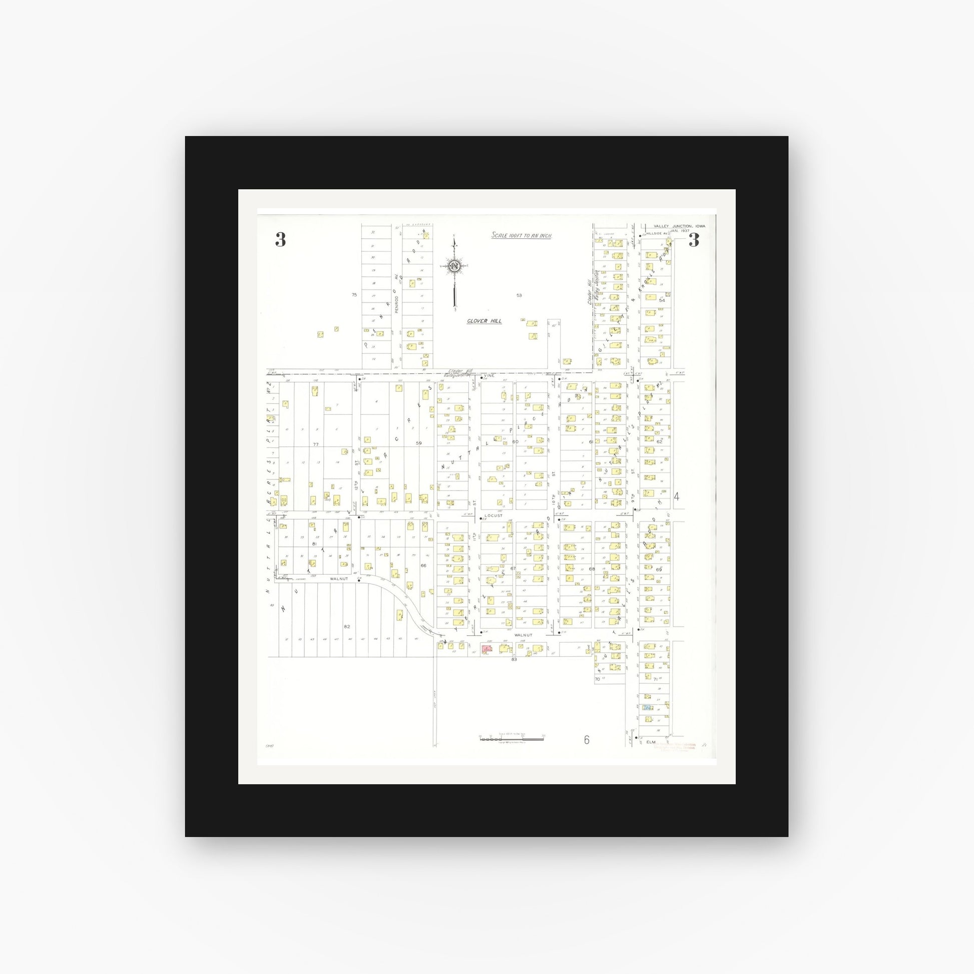 Old map wall art mockup — black gallery frame with white mat — Sanborn Fire Insurance Map from Valley Junction, Polk County, Iowa (1937), Sheet #0003