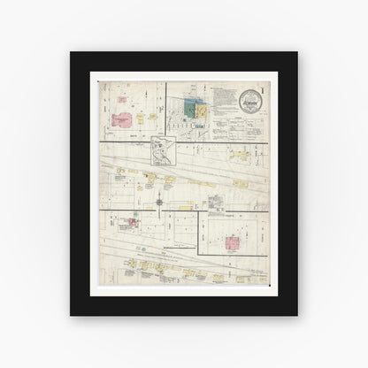 Old map wall art mockup — black gallery frame with white mat — Sanborn Fire Insurance Map from Adrian, Nobles County, Minnesota (1913), Sheet #0001