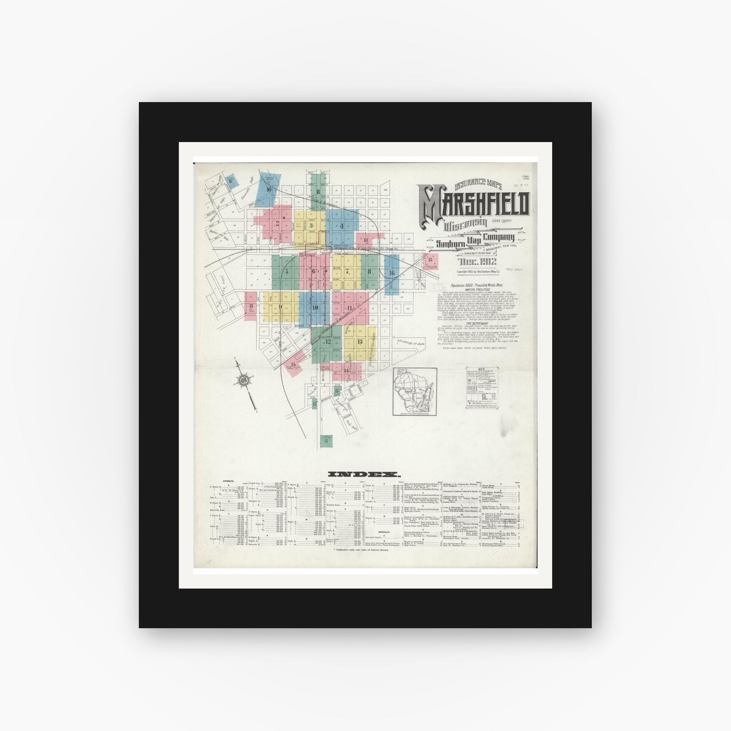 Old map wall art mockup — black gallery frame with white mat — Sanborn Fire Insurance Map from Marshfield, Wood County, Wisconsin (1912) - Complete Map Set