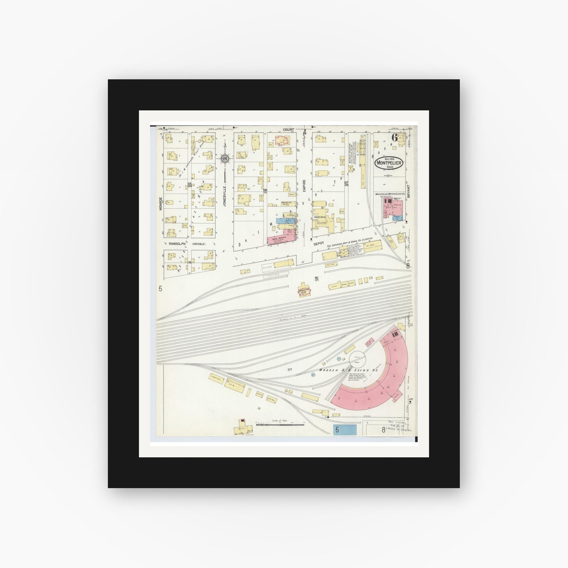 Old map wall art mockup — black gallery frame with white mat — Sanborn Fire Insurance Map from Montpelier, Williams County, Ohio (1916), Sheet #0006