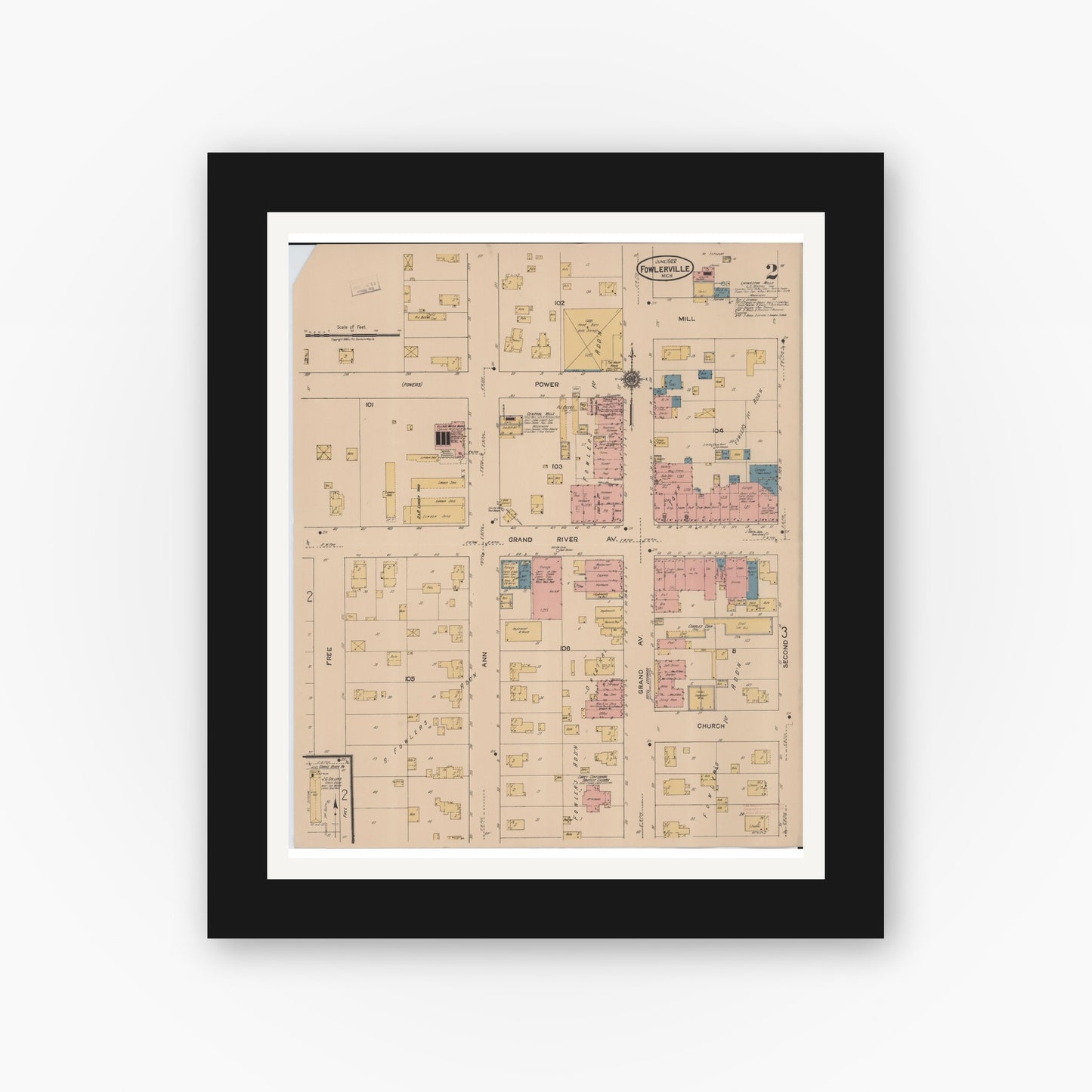 Old map wall art mockup — black gallery frame with white mat — Sanborn Fire Insurance Map from Fowlerville, Livingston County, Michigan (1922), Sheet #0002