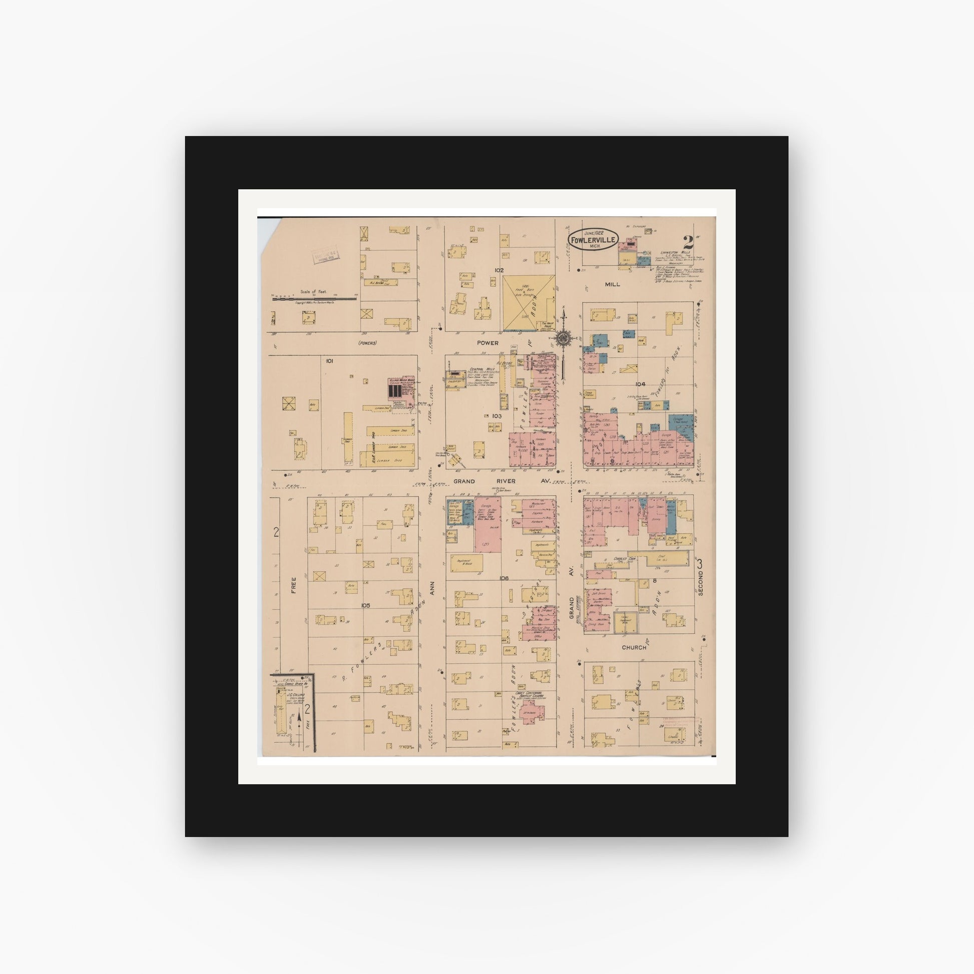 Old map wall art mockup — black gallery frame with white mat — Sanborn Fire Insurance Map from Fowlerville, Livingston County, Michigan (1922), Sheet #0002